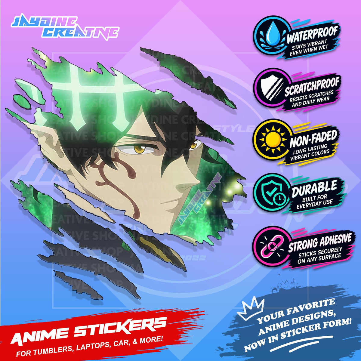 Black Clover Inspired Scratch Sticker Waterproof Vinyl for Helmet, Motorcycle, Car, Laptop & Tumbler