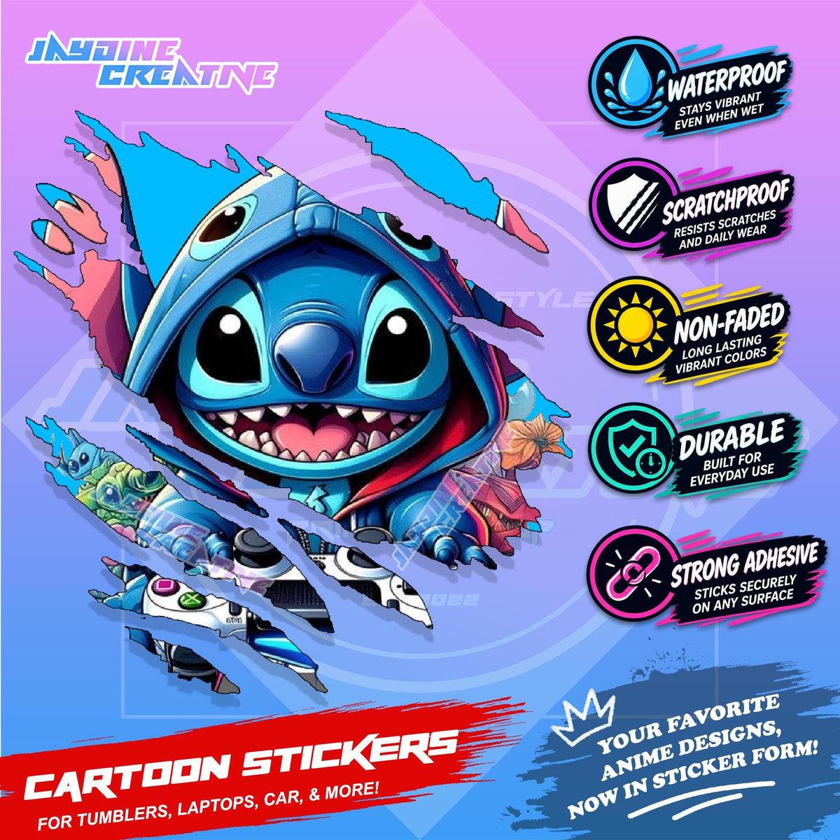 Stitch Inspired Scratch Sticker | Waterproof Vinyl for Helmet, Motorcycle, Car, Laptop & Tumbler