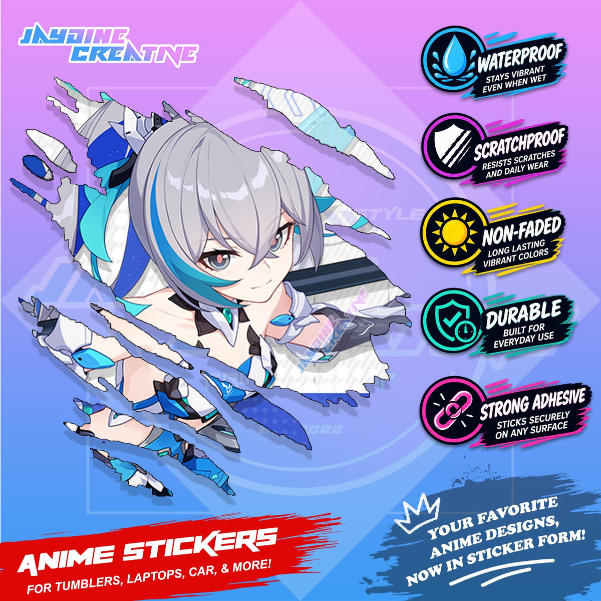 Honkai Impact 3rd Inspired Scratch Sticker Waterproof Vinyl for Helmet, Motorcycle, Car & Tumbler