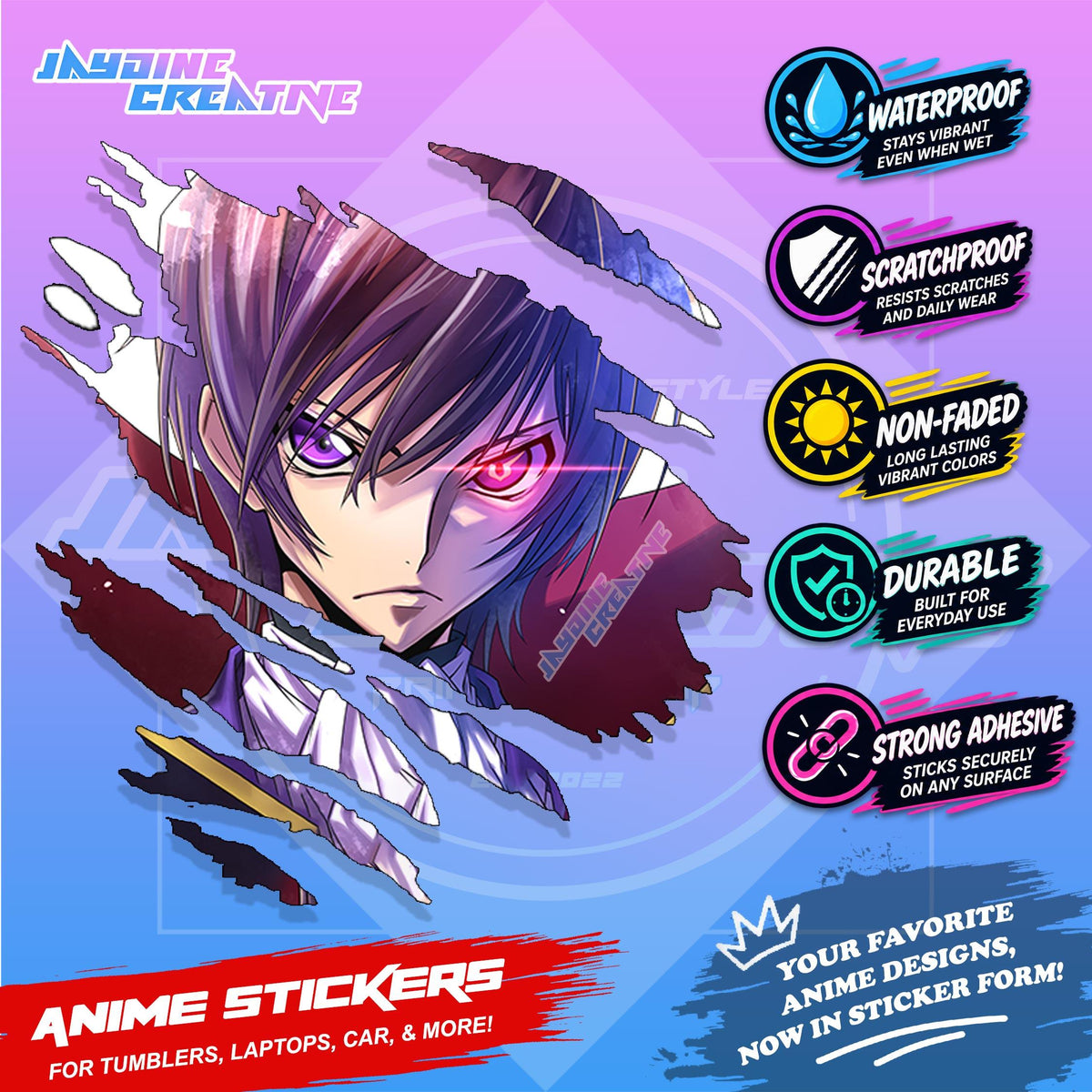 Code Geass Anime Inspired Scratch Sticker Waterproof Vinyl for Helmet, Motorcycle, Laptop & Tumbler