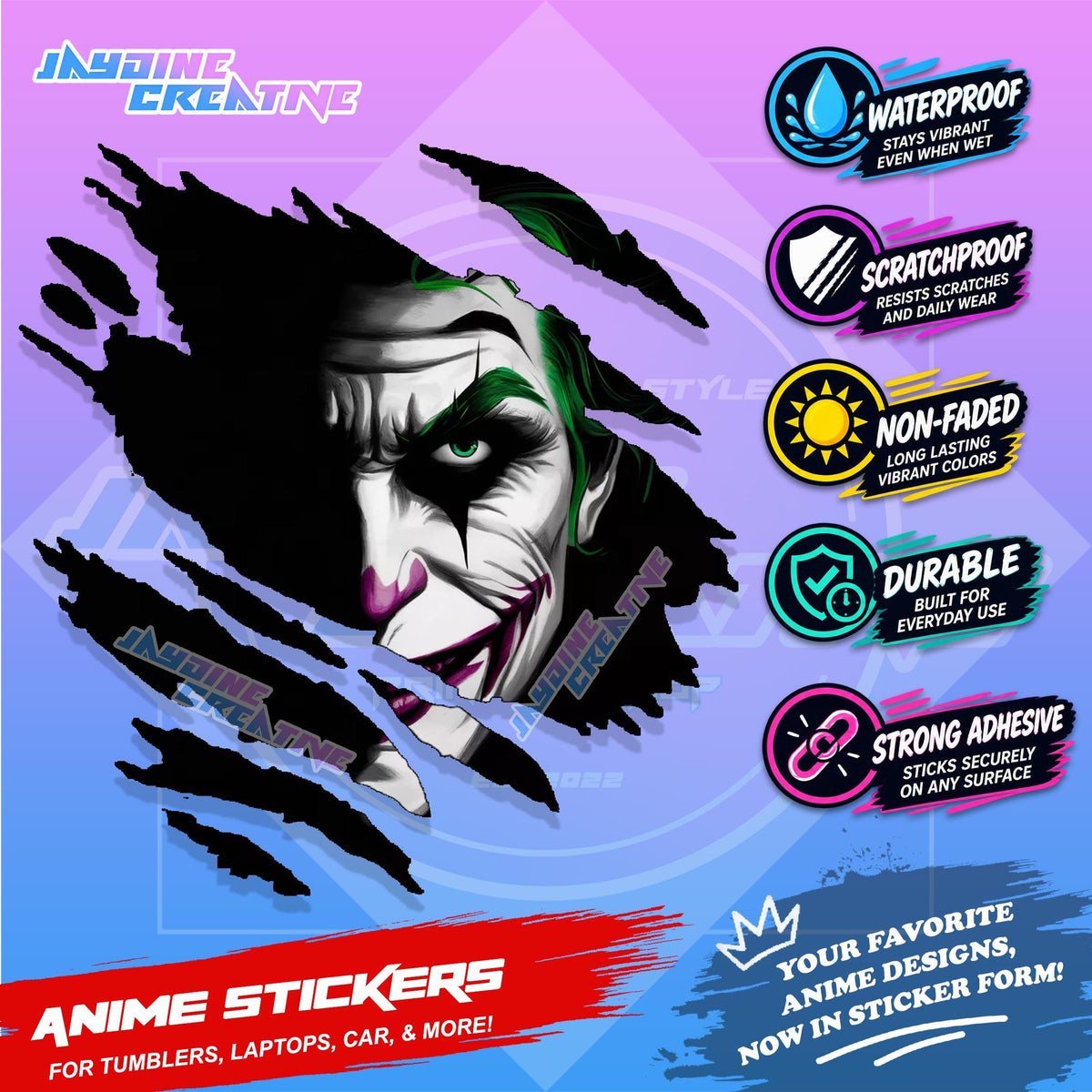 Joker Inspired Scratch Sticker Waterproof Vinyl for Helmet Motorcycle, Car & Tumbler