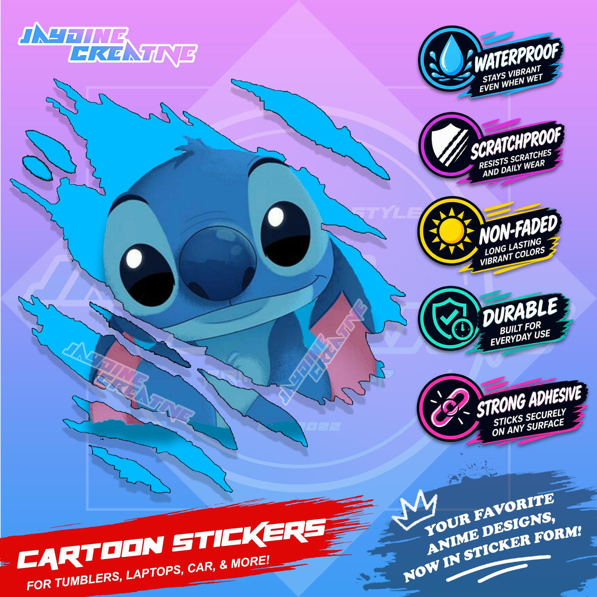 Stitch Inspired Scratch Sticker | Waterproof Vinyl for Helmet, Motorcycle, Car, Laptop & Tumbler