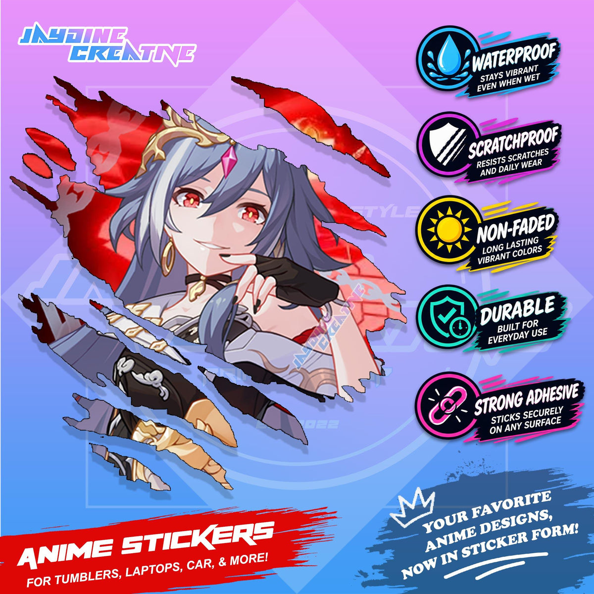 Honkai Impact 3rd Inspired Scratch Sticker Waterproof Vinyl for Helmet, Motorcycle, Car & Tumbler