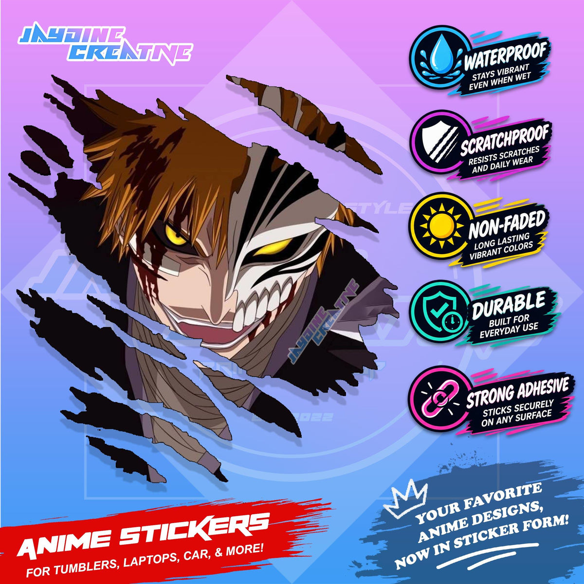 Bleach Anime Inspired Scratch Sticker Waterproof Vinyl for Helmet, Motorcycle, Car, Laptop & Tumbler