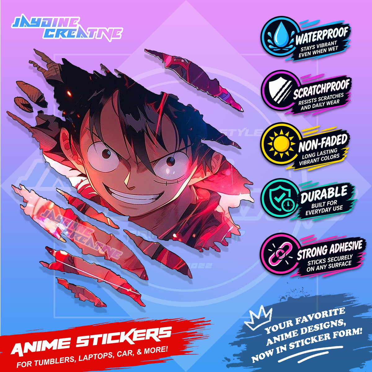 One Piece Anime Inspired Scratch Sticker Waterproof Vinyl for Helmet, Motorcycle, Car, Laptop, Phone & Tumbler