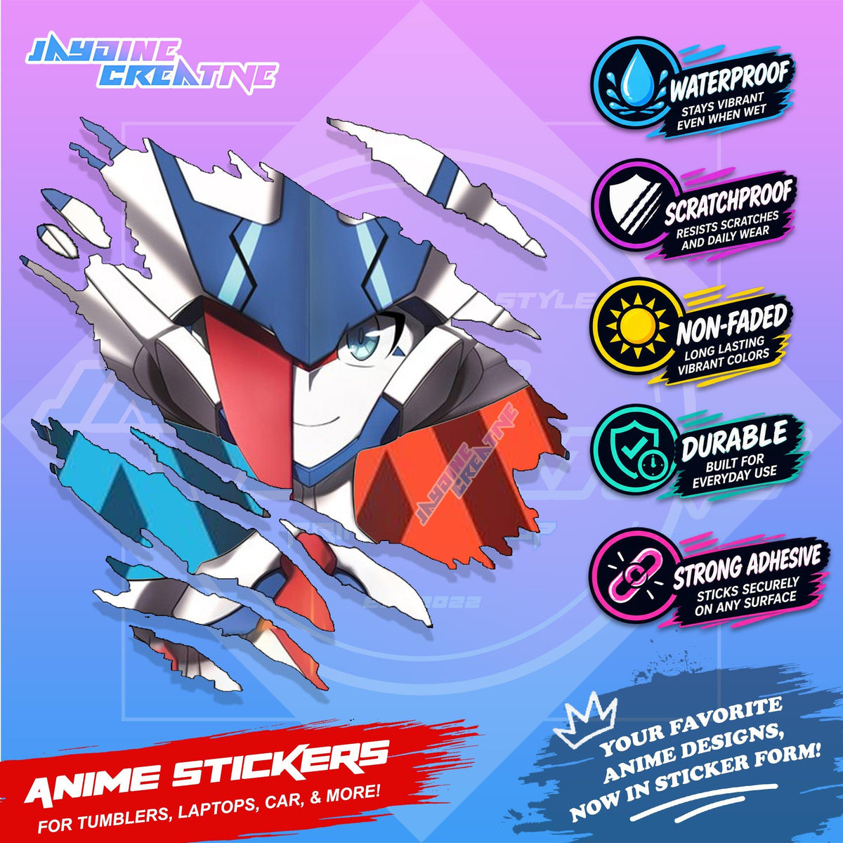 Darling in the Franxx Scratch Sticker Waterproof Vinyl for Helmet, Motorcycle, Car, Laptop & Tumbler