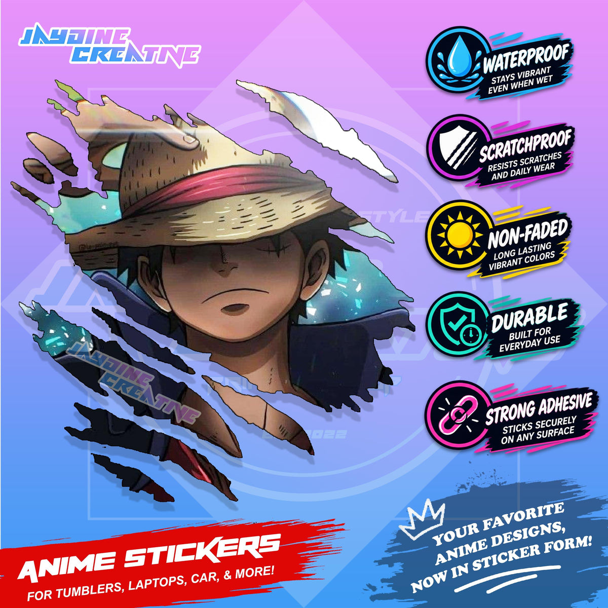 One Piece Anime Inspired Scratch Sticker Waterproof Vinyl for Helmet, Motorcycle, Car, Laptop, Phone & Tumbler