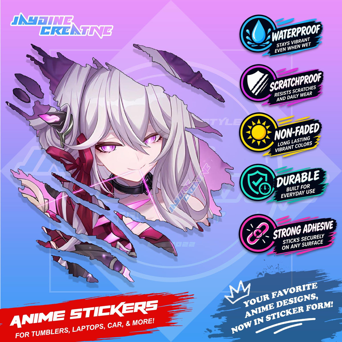 Honkai Impact 3rd Inspired Scratch Sticker Waterproof Vinyl for Helmet, Motorcycle, Car & Tumbler