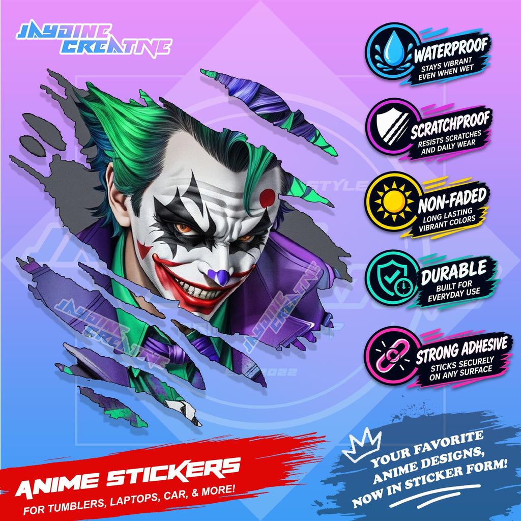 Joker Inspired Scratch Sticker Waterproof Vinyl for Helmet Motorcycle, Car & Tumbler