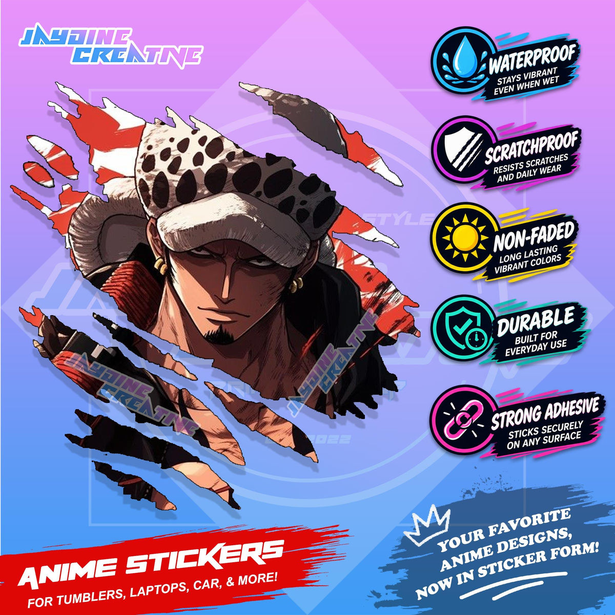 New One Piece Anime Inspired Scratch Sticker Waterproof Vinyl for Helmet, Motorcycle, Car & Tumbler