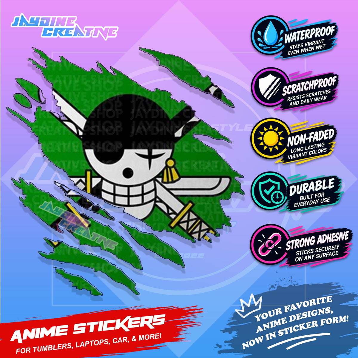 One Piece Flag Anime Inspired Scratch Sticker Waterproof Vinyl for Helmet, Motorcycle, Car, Laptop, Phone & Tumbler