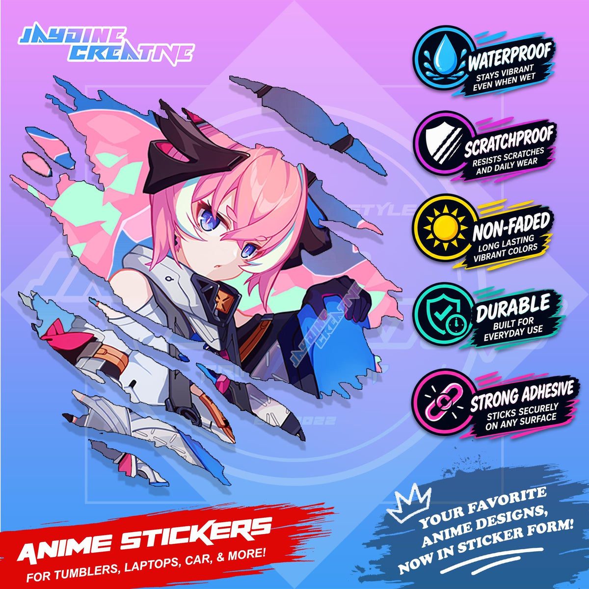 Honkai Impact 3rd Inspired Scratch Sticker Waterproof Vinyl for Helmet, Motorcycle, Car & Tumbler