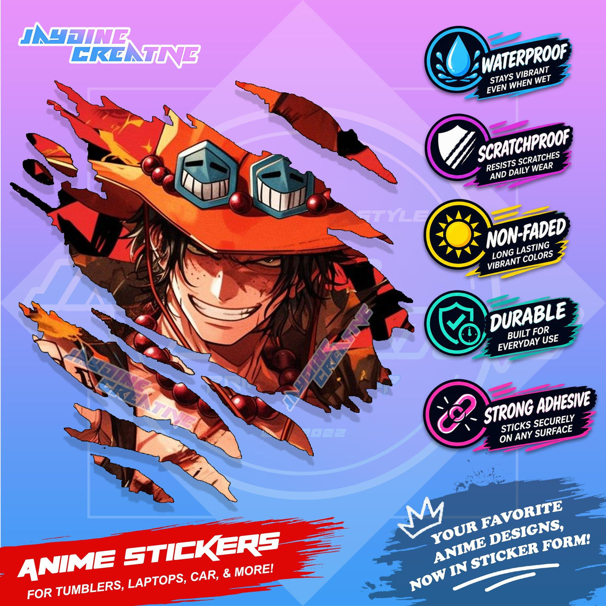 New One Piece Anime Inspired Scratch Sticker Waterproof Vinyl for Helmet, Motorcycle, Car & Tumbler