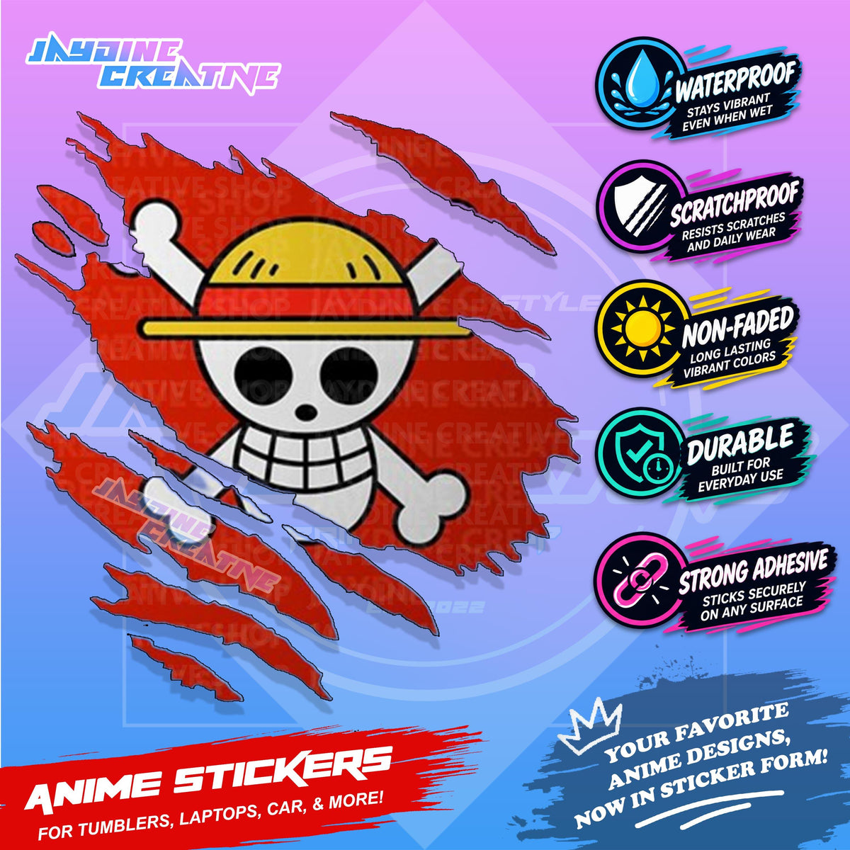 One Piece Flag Anime Inspired Scratch Sticker Waterproof Vinyl for Helmet, Motorcycle, Car, Laptop, Phone & Tumbler