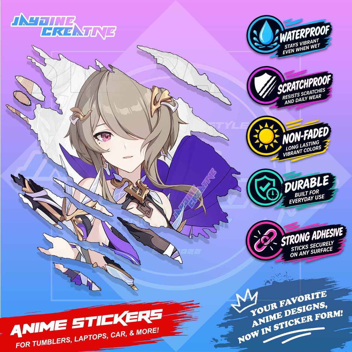 Honkai Impact 3rd Inspired Scratch Sticker Waterproof Vinyl for Helmet, Motorcycle, Car & Tumbler