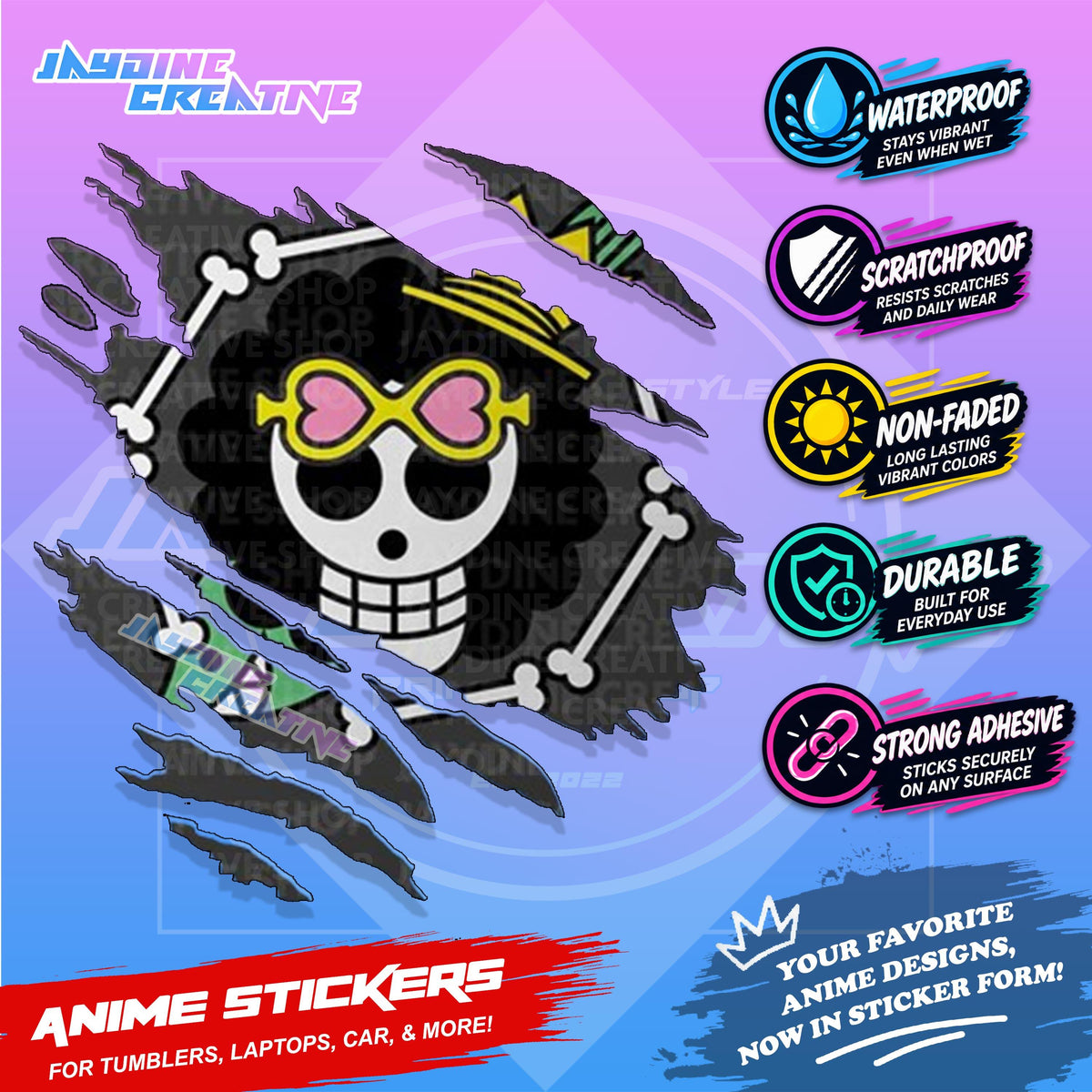 One Piece Flag Anime Inspired Scratch Sticker Waterproof Vinyl for Helmet, Motorcycle, Car, Laptop, Phone & Tumbler