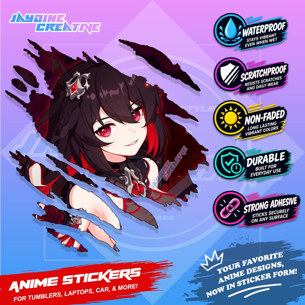 Honkai Impact 3rd Inspired Scratch Sticker Waterproof Vinyl for Helmet, Motorcycle, Car & Tumbler