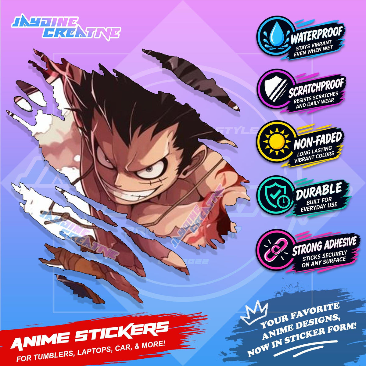 New One Piece Anime Inspired Scratch Sticker Waterproof Vinyl for Helmet, Motorcycle, Car & Tumbler