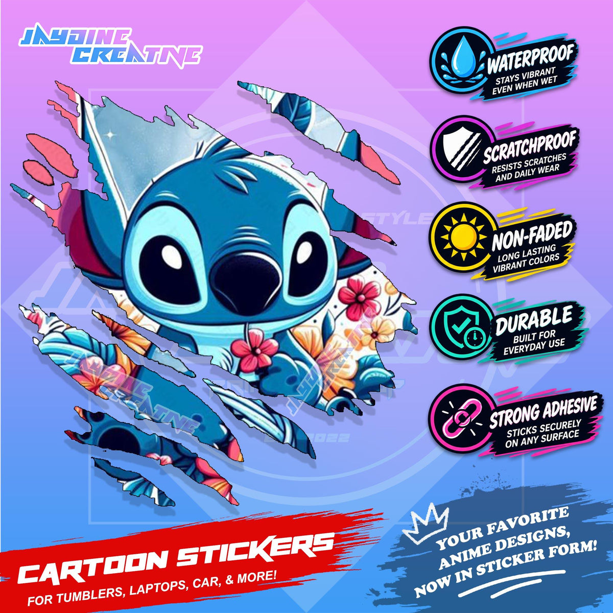 Stitch Inspired Scratch Sticker | Waterproof Vinyl for Helmet, Motorcycle, Car, Laptop & Tumbler