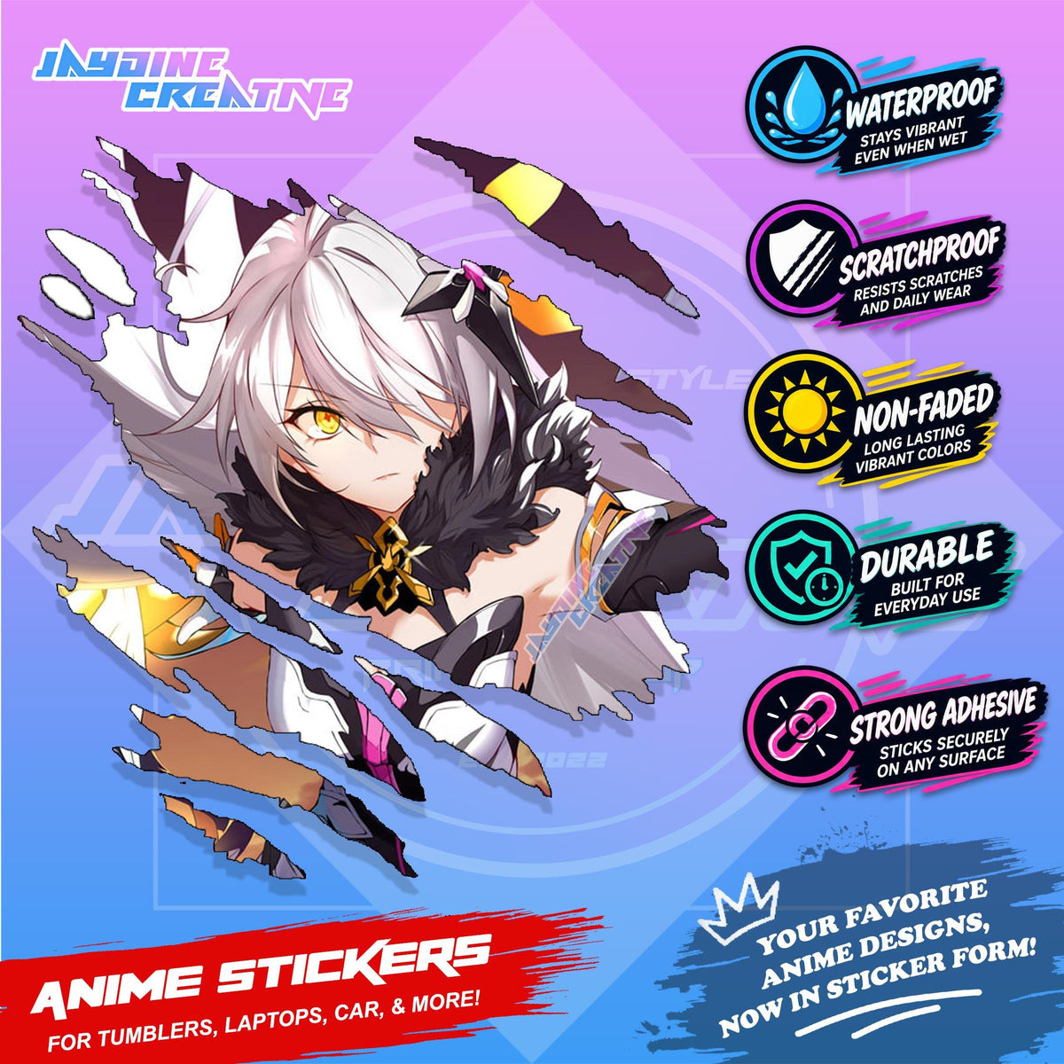 Honkai Impact 3rd Inspired Scratch Sticker Waterproof Vinyl for Helmet, Motorcycle, Car & Tumbler