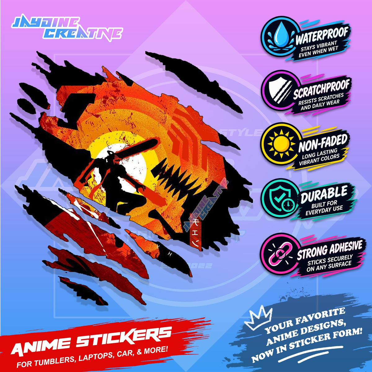 Chainsawman Anime Inspired Scratch Sticker Waterproof Vinyl for Helmet, Motorcycle, Laptop & Tumbler