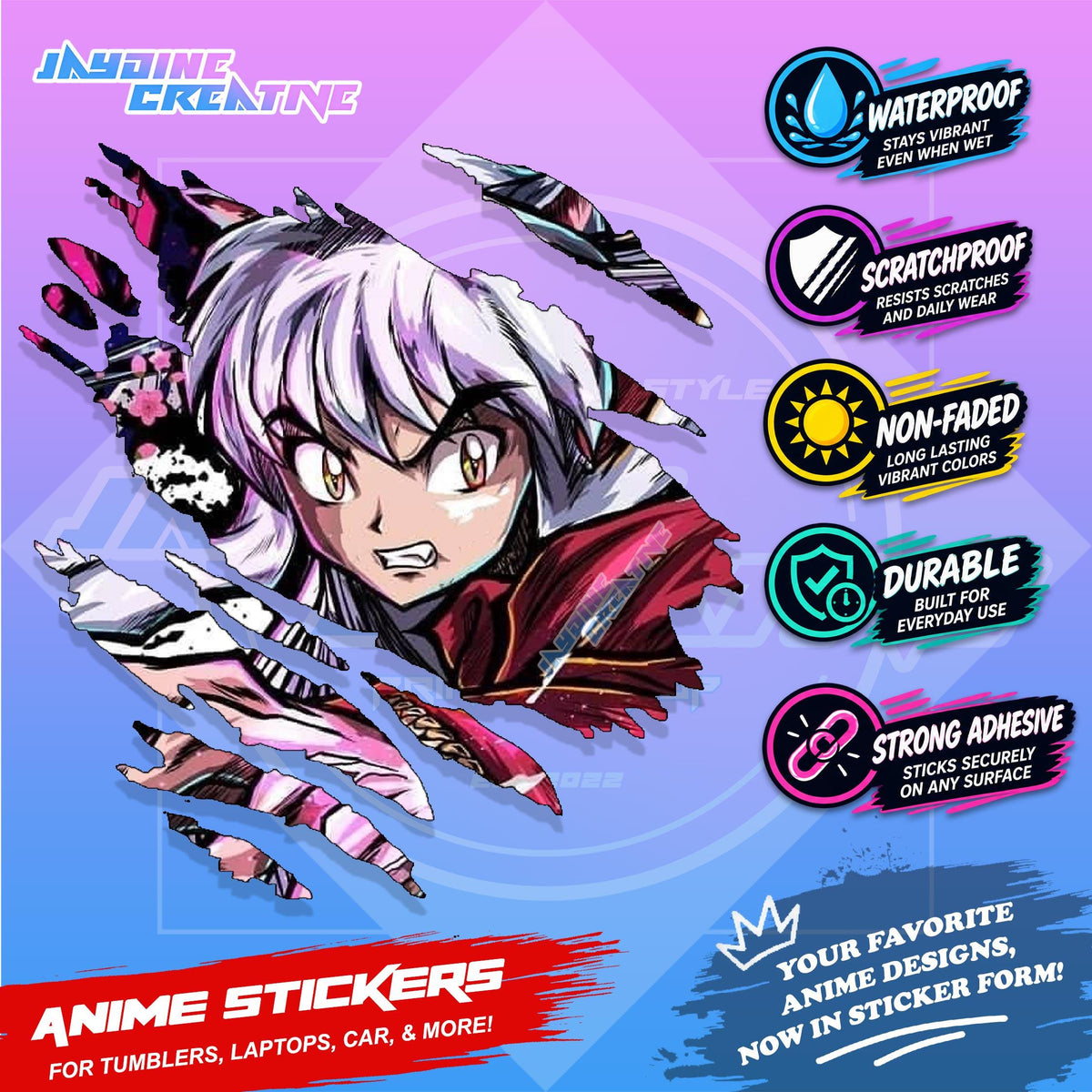 Inuyasha Anime Inspired Scratch Sticker Waterproof Vinyl for Helmet Motorcycle Car, Laptop & Tumbler