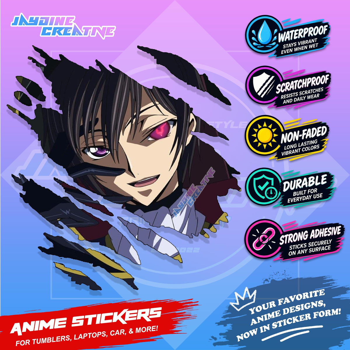 Code Geass Anime Inspired Scratch Sticker Waterproof Vinyl for Helmet, Motorcycle, Laptop & Tumbler