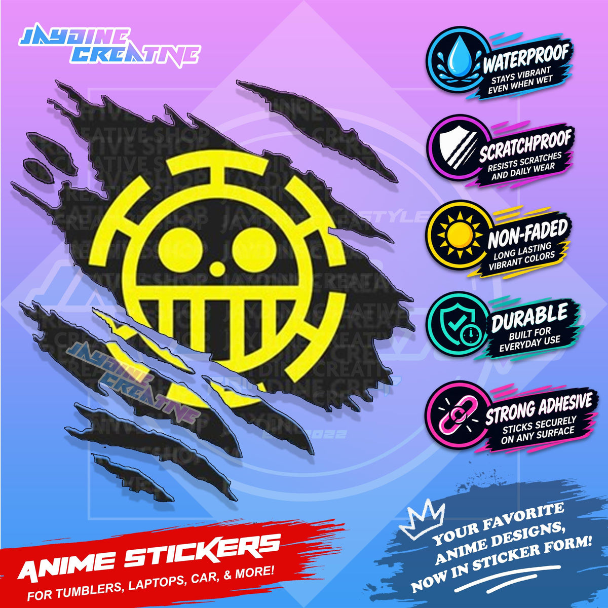 One Piece Flag Anime Inspired Scratch Sticker Waterproof Vinyl for Helmet, Motorcycle, Car, Laptop, Phone & Tumbler