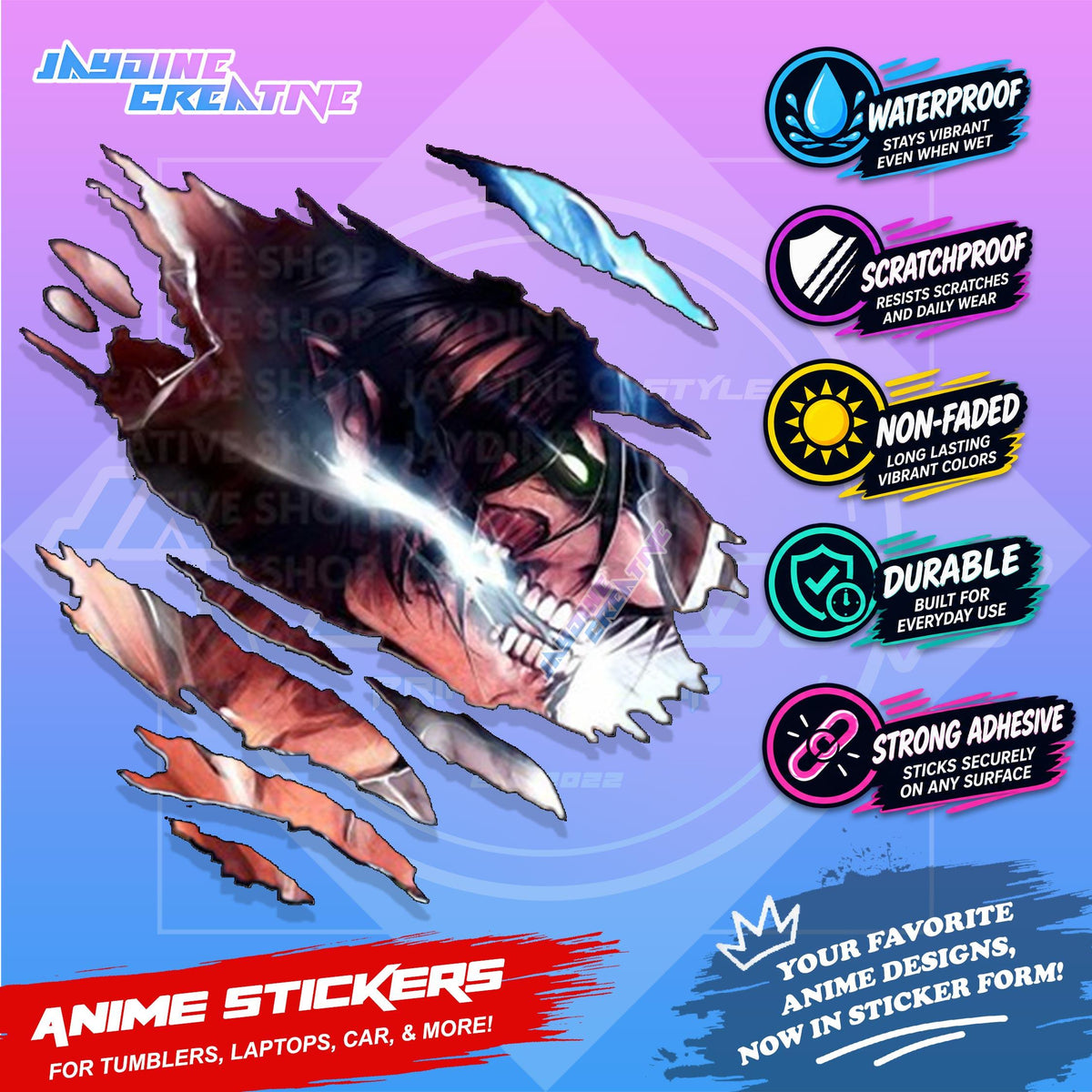 Attack on Titan Anime Inspired Scratch Sticker Waterproof Vinyl for Helmet Motorcycle, Car & Tumbler