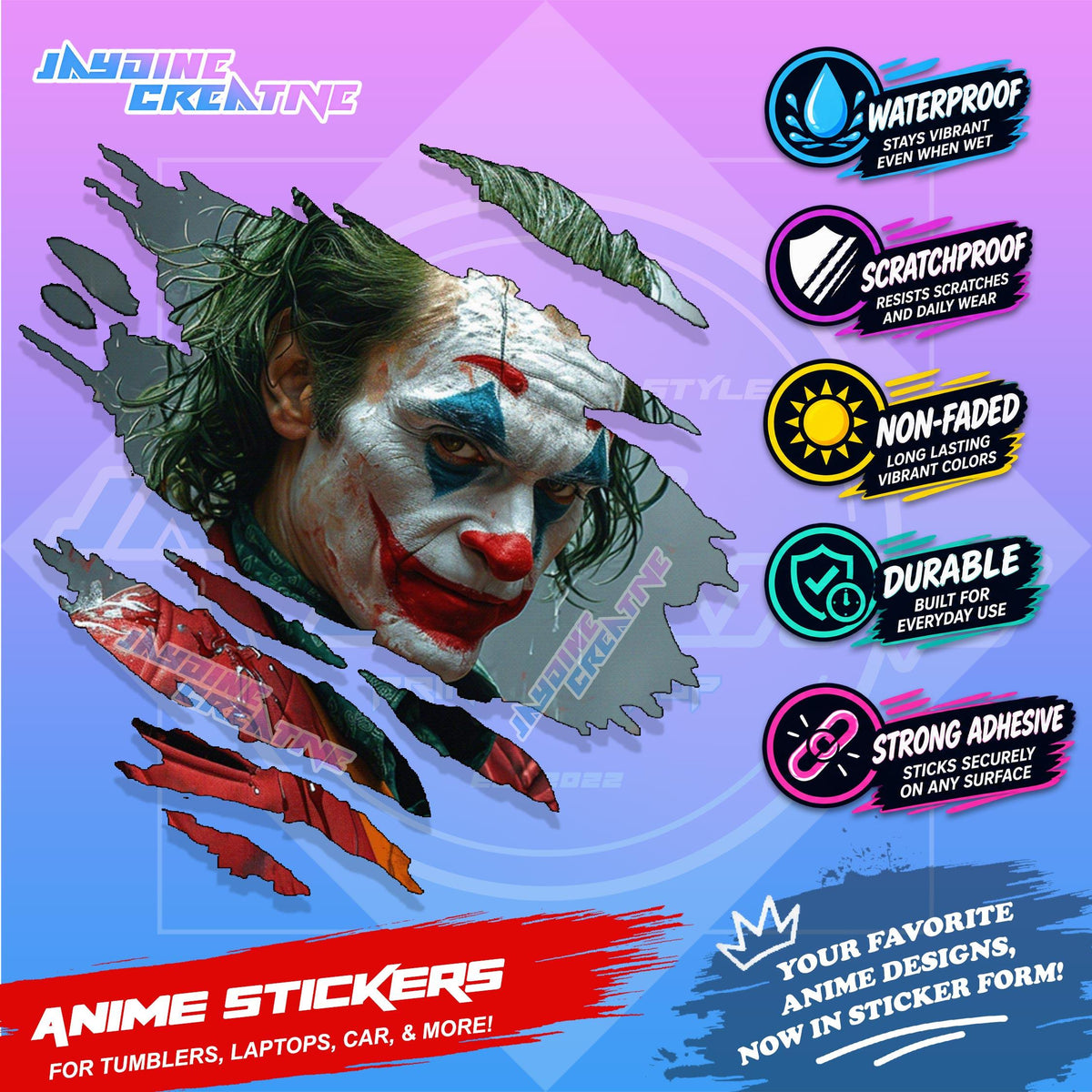 Joker Inspired Scratch Sticker Waterproof Vinyl for Helmet Motorcycle, Car & Tumbler