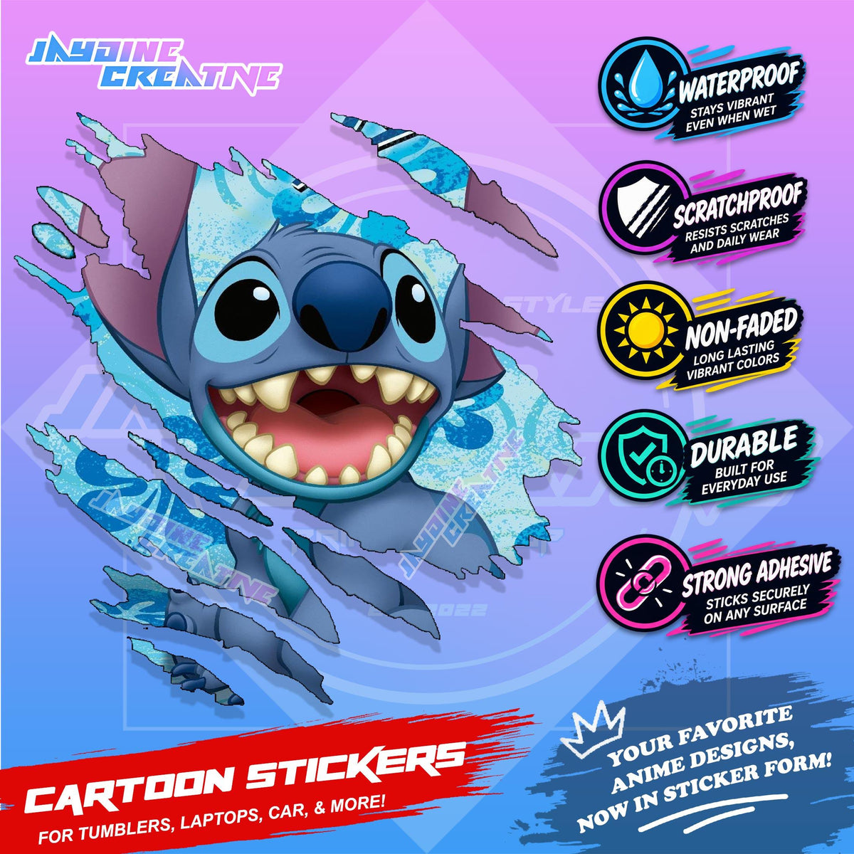 Stitch Inspired Scratch Sticker | Waterproof Vinyl for Helmet, Motorcycle, Car, Laptop & Tumbler