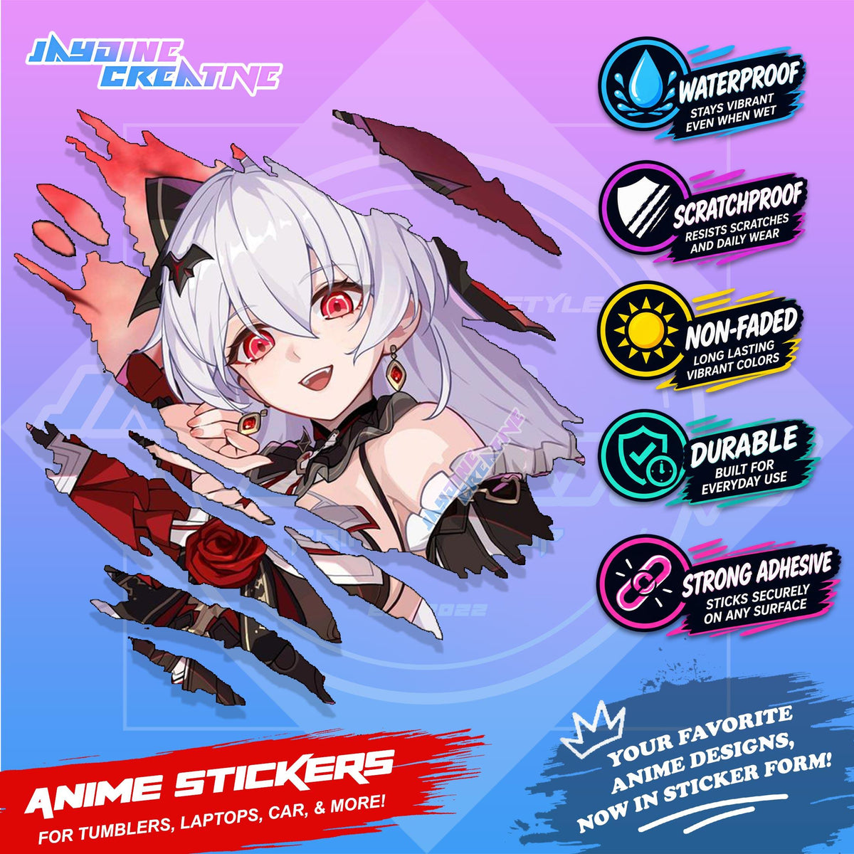 Honkai Impact 3rd Inspired Scratch Sticker Waterproof Vinyl for Helmet, Motorcycle, Car & Tumbler