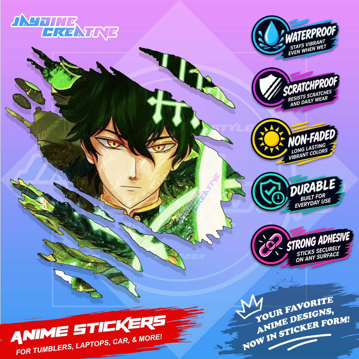 Black Clover Inspired Scratch Sticker Waterproof Vinyl for Helmet, Motorcycle, Car, Laptop & Tumbler