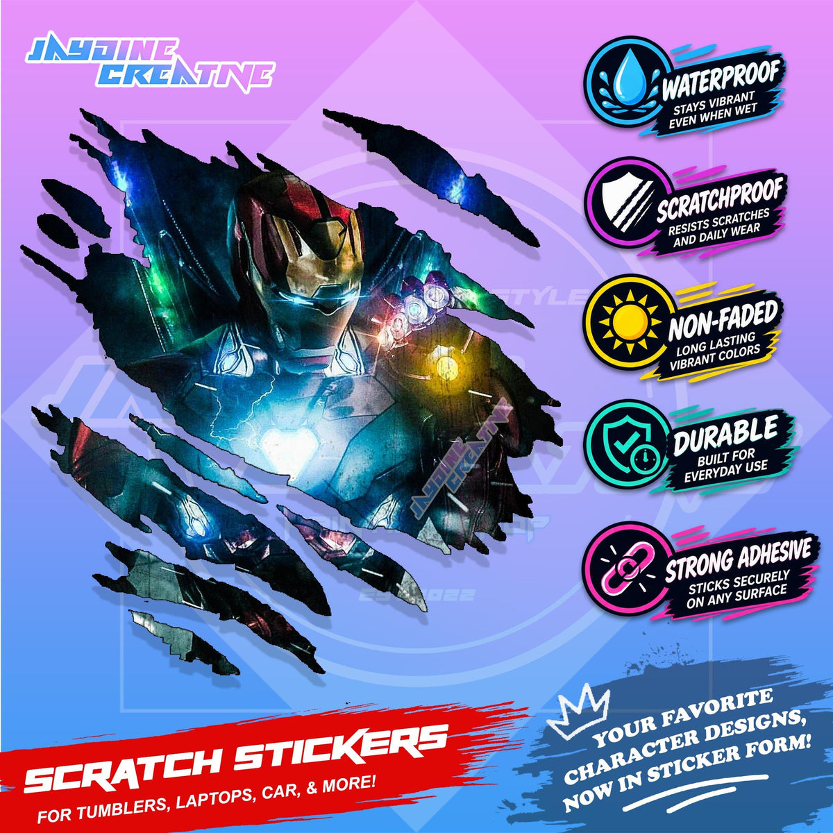 Avengers Marvel Inspired Scratch Sticker Waterproof Vinyl for Helmet, Motorcycle, Car & Tumbler