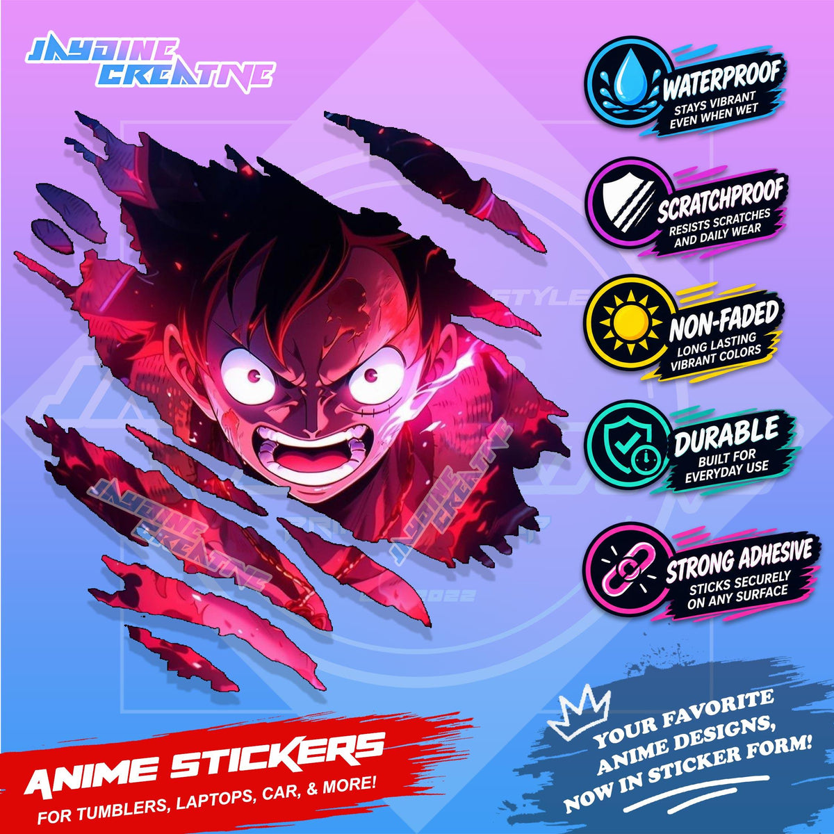 New One Piece Anime Inspired Scratch Sticker Waterproof Vinyl for Helmet, Motorcycle, Car & Tumbler