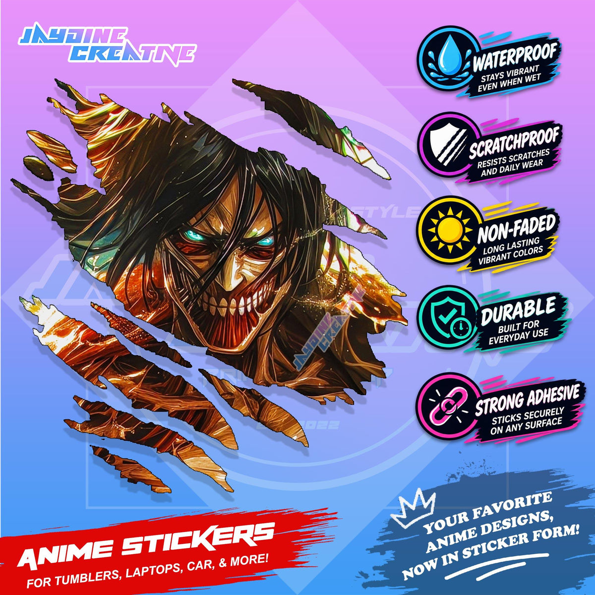 Attack on Titan Anime Inspired Scratch Sticker Waterproof Vinyl for Helmet Motorcycle, Car & Tumbler