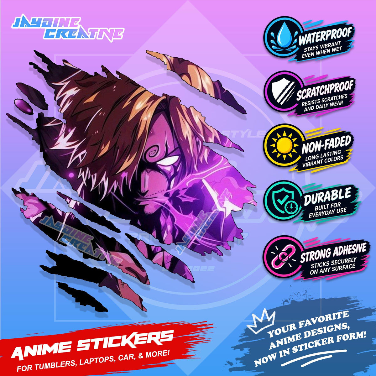 New One Piece Anime Inspired Scratch Sticker Waterproof Vinyl for Helmet, Motorcycle, Car & Tumbler