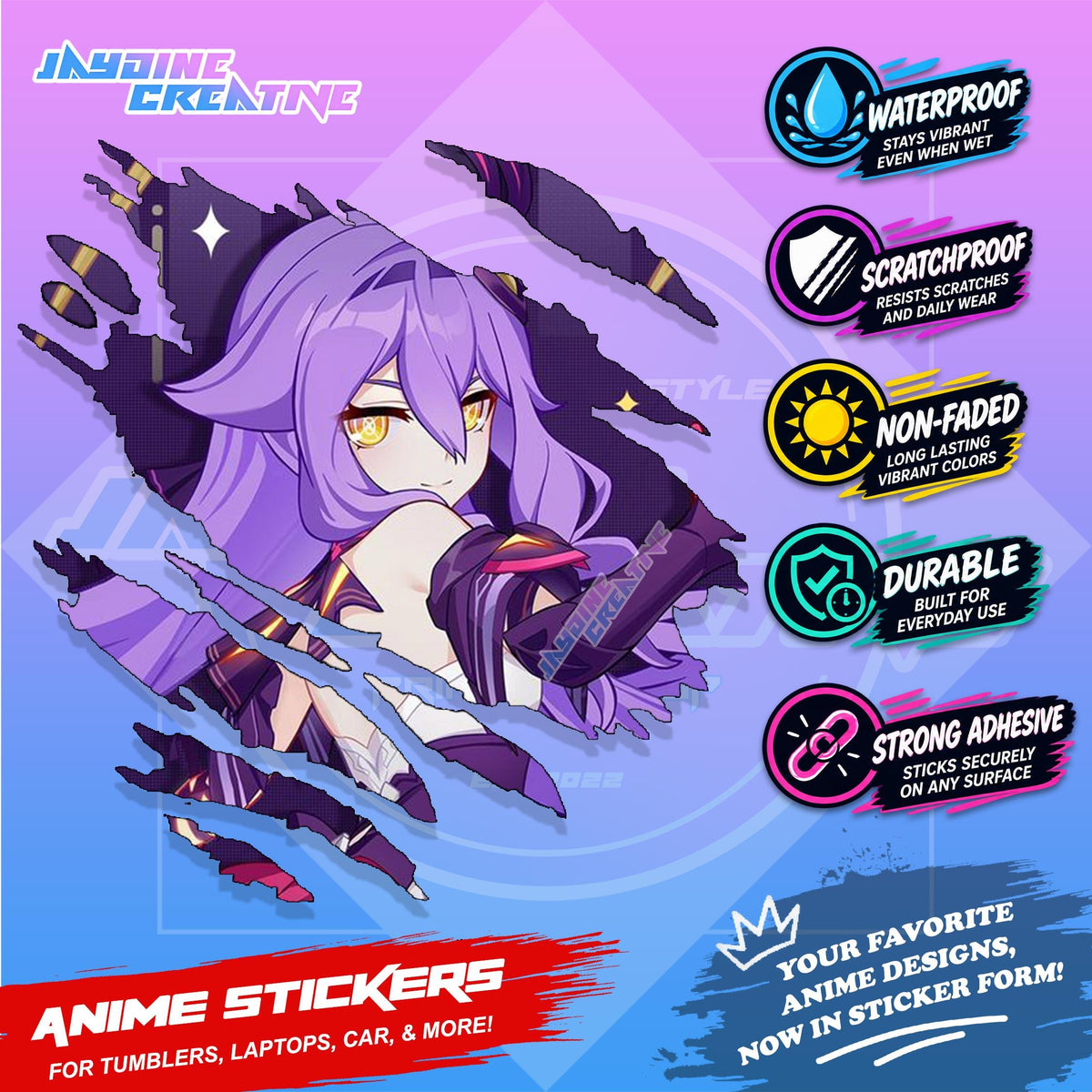 Honkai Impact 3rd Inspired Scratch Sticker Waterproof Vinyl for Helmet, Motorcycle, Car & Tumbler