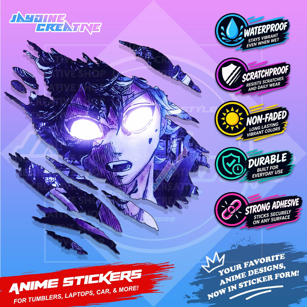 Black Clover Inspired Scratch Sticker Waterproof Vinyl for Helmet, Motorcycle, Car, Laptop & Tumbler