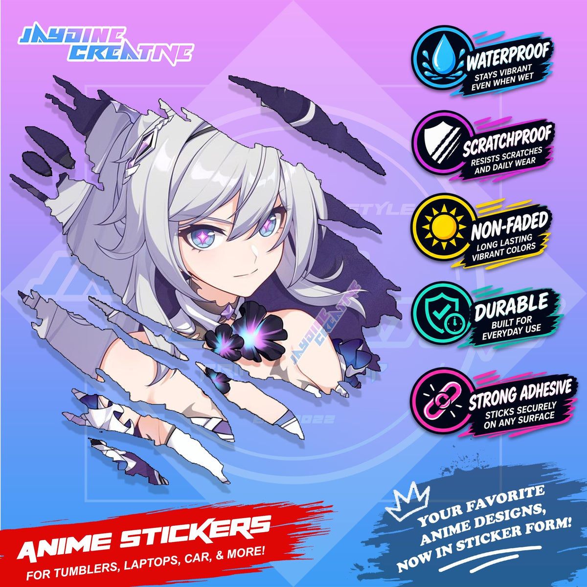 Honkai Impact 3rd Inspired Scratch Sticker Waterproof Vinyl for Helmet, Motorcycle, Car & Tumbler