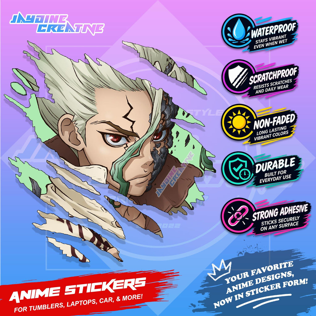 Dr. Stone Anime Inspired Scratch Sticker | Waterproof Vinyl for Helmet, Motorcycle, Laptop & Tumbler