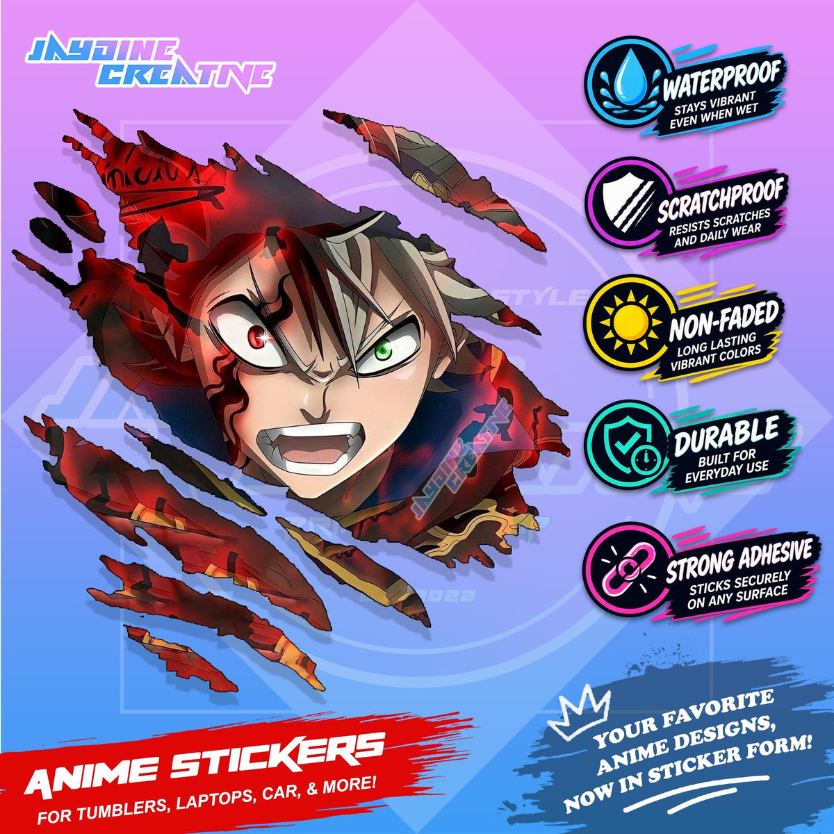 Black Clover Inspired Scratch Sticker Waterproof Vinyl for Helmet, Motorcycle, Car, Laptop & Tumbler