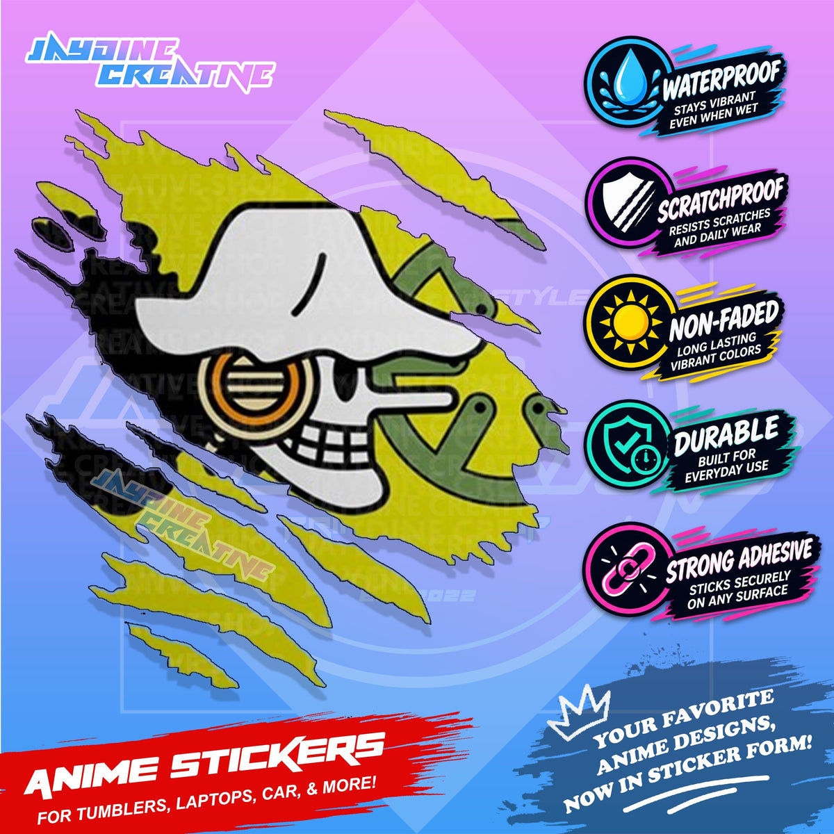 One Piece Flag Anime Inspired Scratch Sticker Waterproof Vinyl for Helmet, Motorcycle, Car, Laptop, Phone & Tumbler