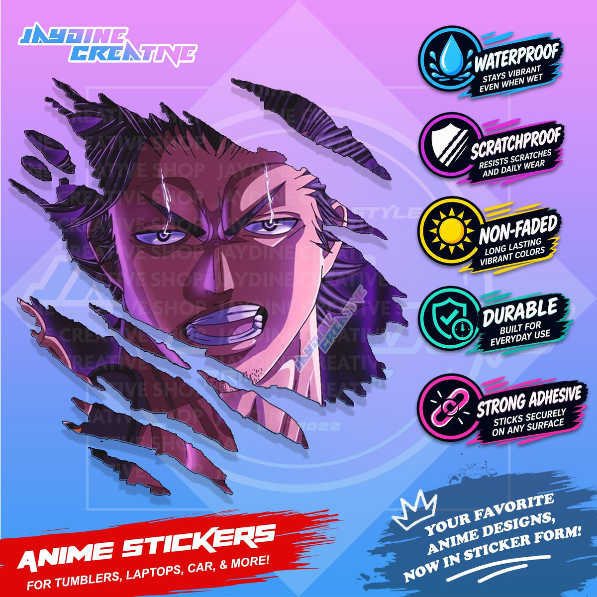 Black Clover Inspired Scratch Sticker Waterproof Vinyl for Helmet, Motorcycle, Car, Laptop & Tumbler