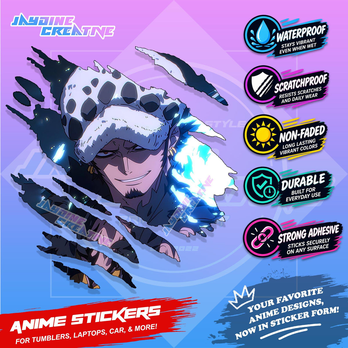 New One Piece Anime Inspired Scratch Sticker Waterproof Vinyl for Helmet, Motorcycle, Car & Tumbler