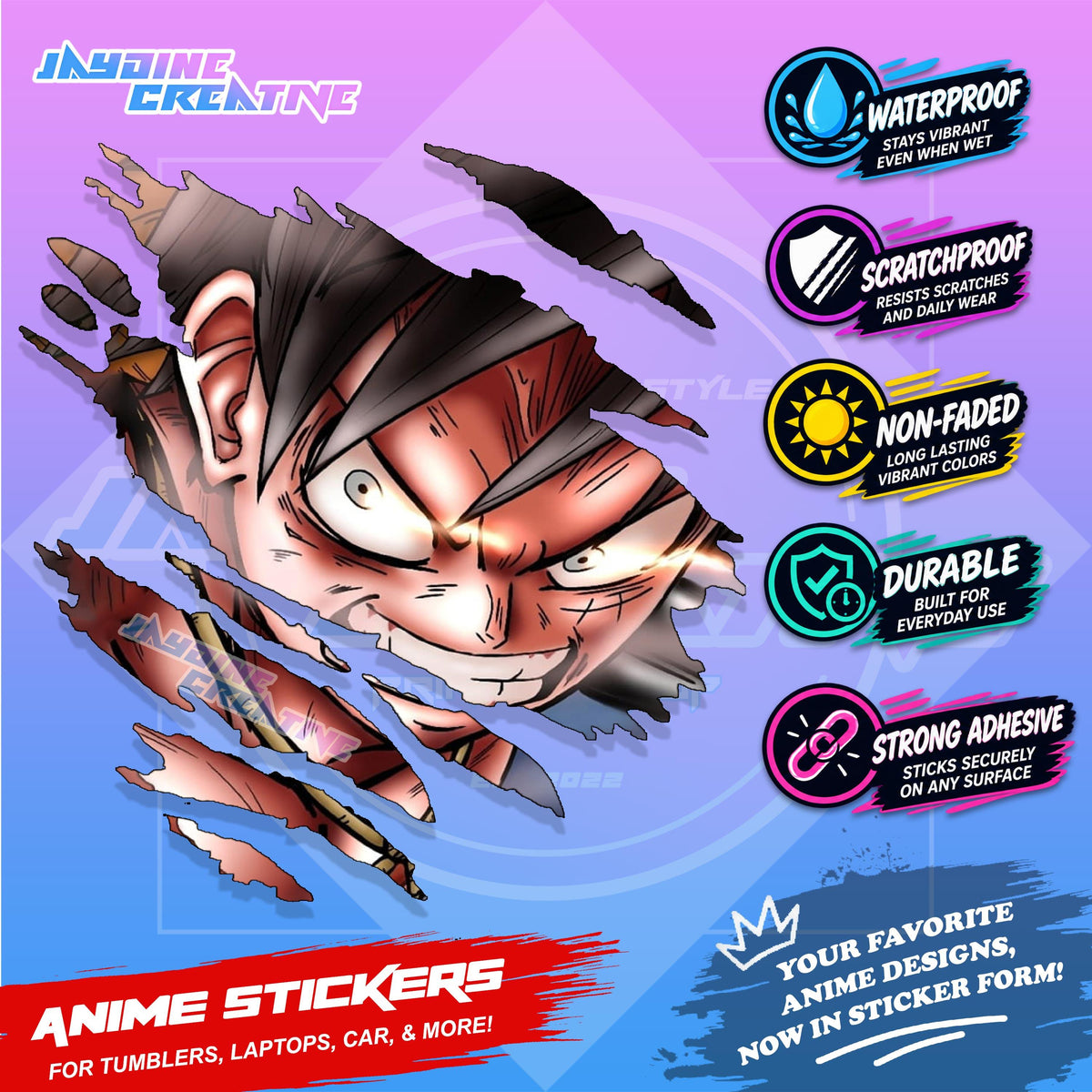 One Piece Anime Inspired Scratch Sticker Waterproof Vinyl for Helmet, Motorcycle, Car, Laptop, Phone & Tumbler