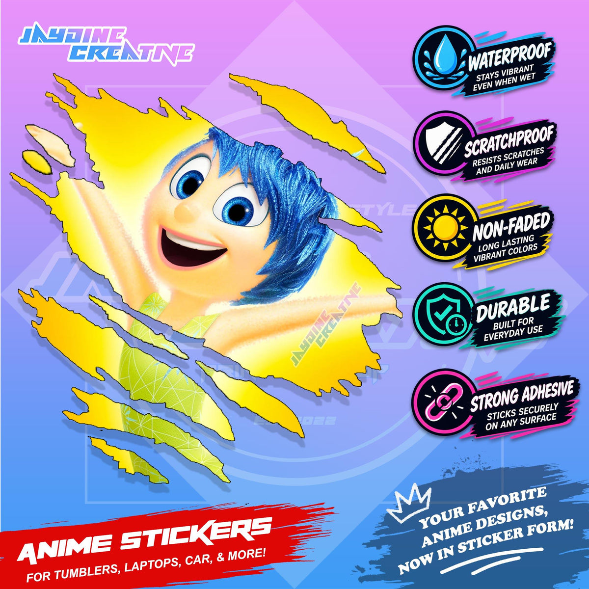 Inside Out Inspired Scratch Sticker Waterproof Vinyl for Helmet, Motorcycle, Laptop & Tumbler