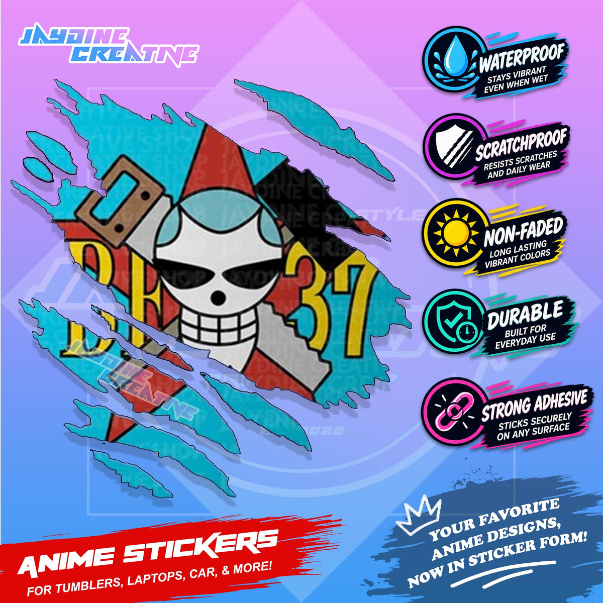One Piece Flag Anime Inspired Scratch Sticker Waterproof Vinyl for Helmet, Motorcycle, Car, Laptop, Phone & Tumbler