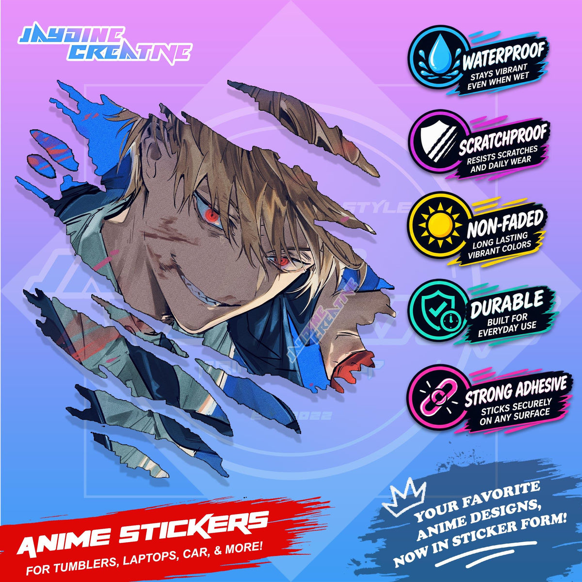 Chainsawman Anime Inspired Scratch Sticker Waterproof Vinyl for Helmet, Motorcycle, Laptop & Tumbler