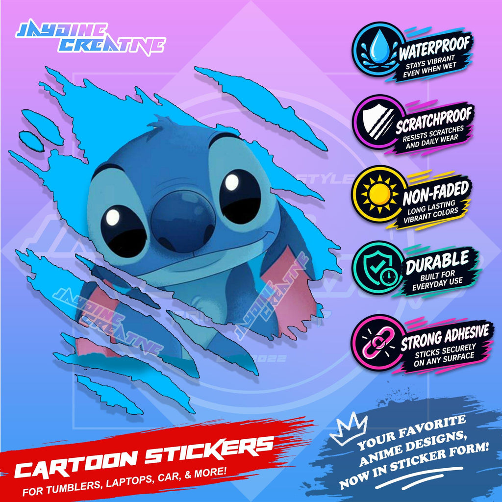 Stitch Inspired Scratch Sticker | Waterproof Vinyl for Helmet, Motorcycle, Car, Laptop & Tumbler